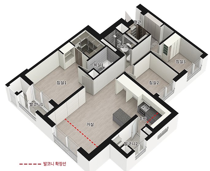 천왕역 모아엘가 트레뷰 84㎡A 입체 평면도