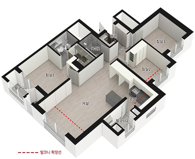 천왕역 모아엘가 트레뷰 84㎡B 입체 평면도